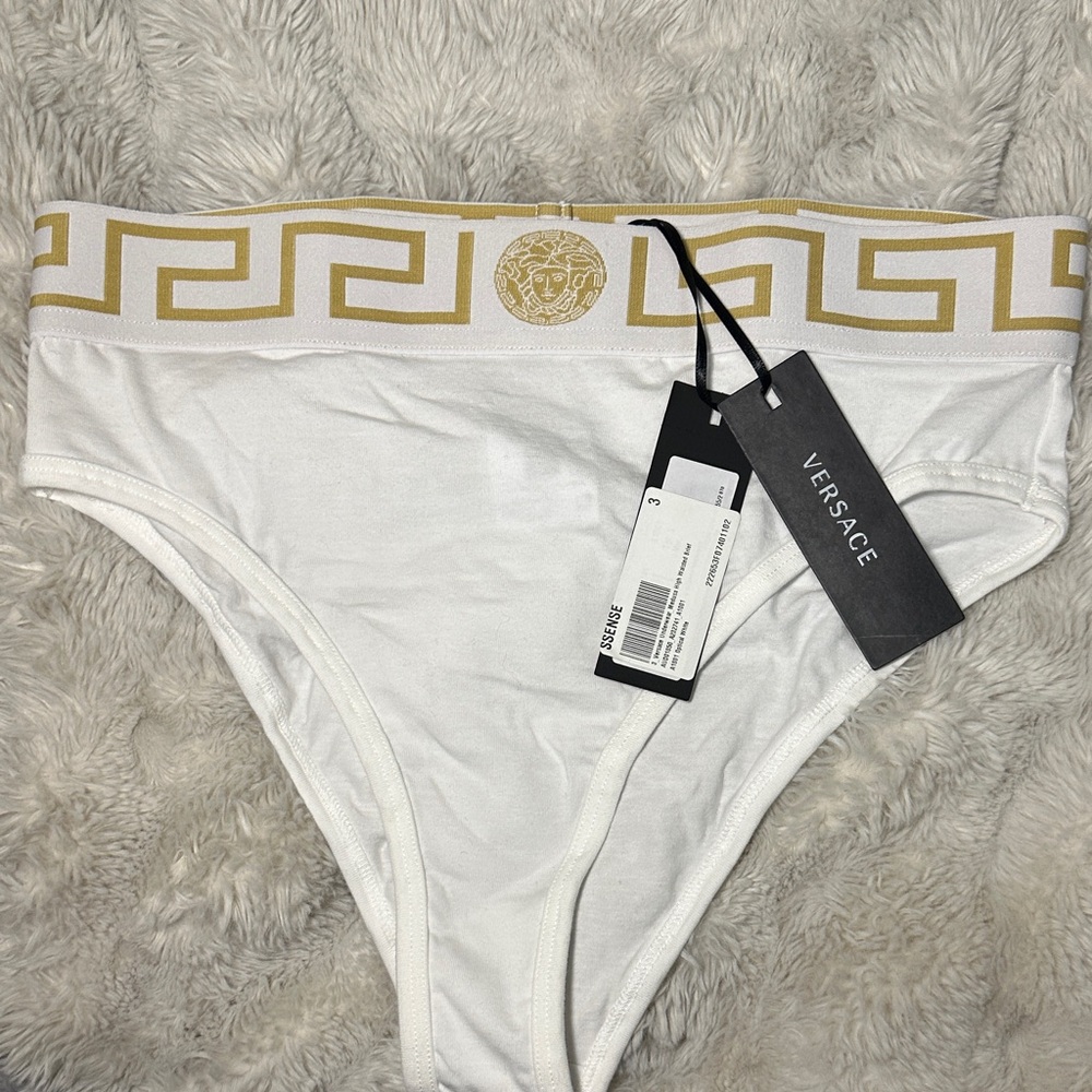 Versace White Cotton High-Leg Brief with Gold Greca Waistband - Picture 6 of 8